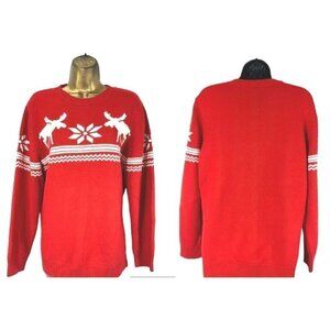Y2K Red Sweater L Moose Snowflake Ski Nordic Long Sleeves Super Soft & Cozy